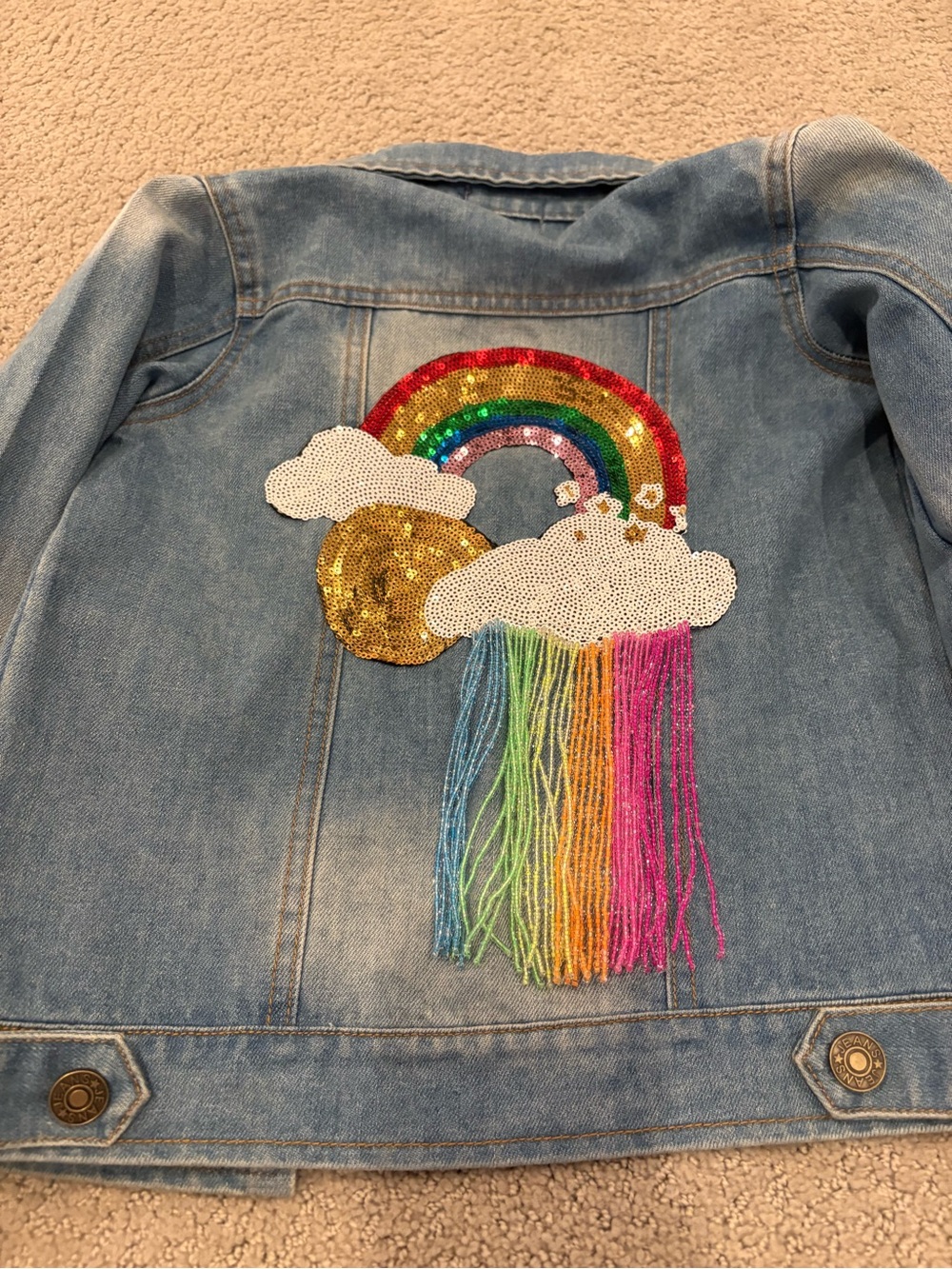 Lola and the Boys Girls' Light Blue Denim Jacket with Sequin Rainbow Back Patch